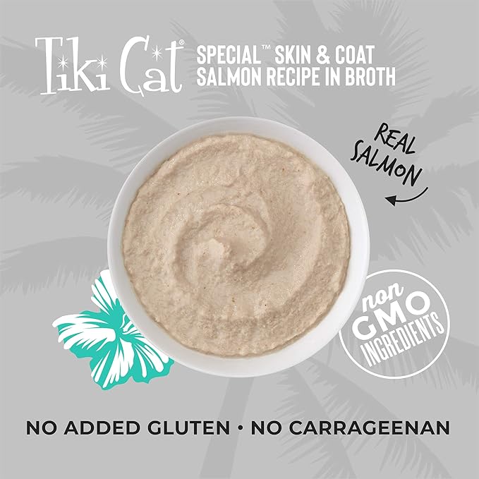 Tiki Cat Special Skin & Coat Mousse, Salmon Recipe, Specially Formulated with Omega Fatty Acids, Functional Wet Cat Food for Adult Cats, 2.4 oz. Pouch (Pack of 12)