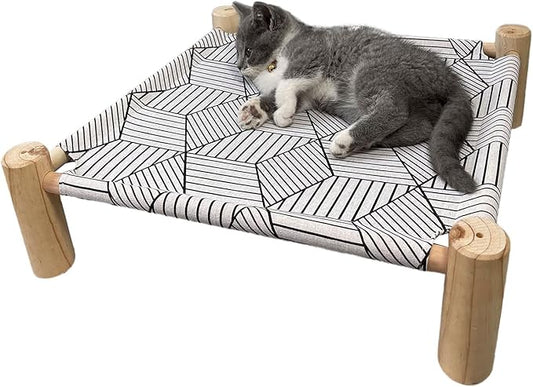 Pozico Cat/Dog Bed Hammock Cat Bed, Wooden Dog Elevated Indoor Outdoor Beds, Raised Cat Cots Furniture Pet Bed Puppy Bed Portable Breathable Mesh Cat Beds for Small Animals-White Diamond