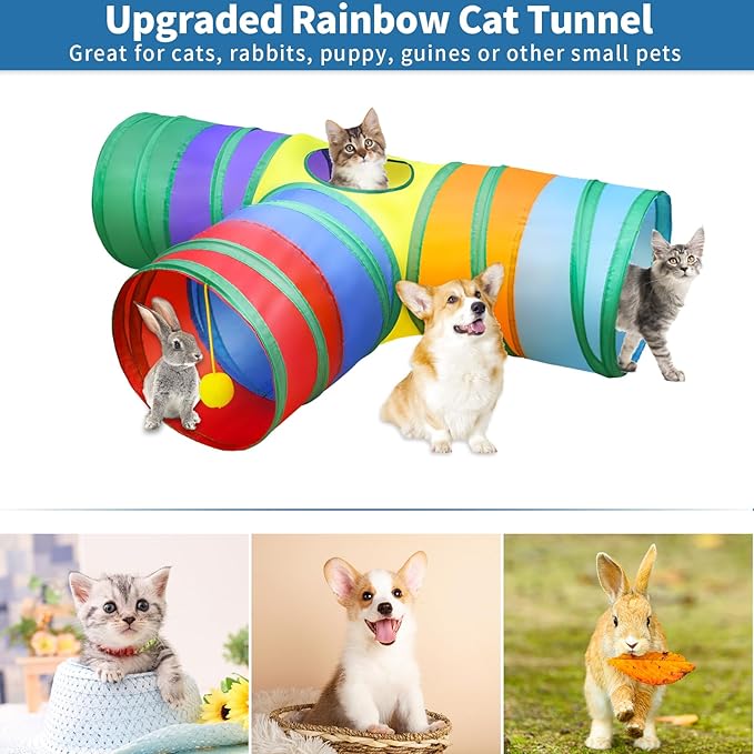 Malier Interactive Cat Tunnel Toys Set With Feather Toy, Crinkle Balls, and 3-Way Tube - Great for Kittens and Cats