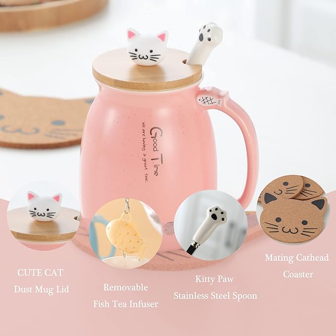 BigNoseDeer Kawaii Tea Cup with Infuser Cute Cat Mug Ceramic Coffee Mug Tea Mug Pink Cute Cool Preppy Stuff Gifts for Women Cat lover Gifts 13oz