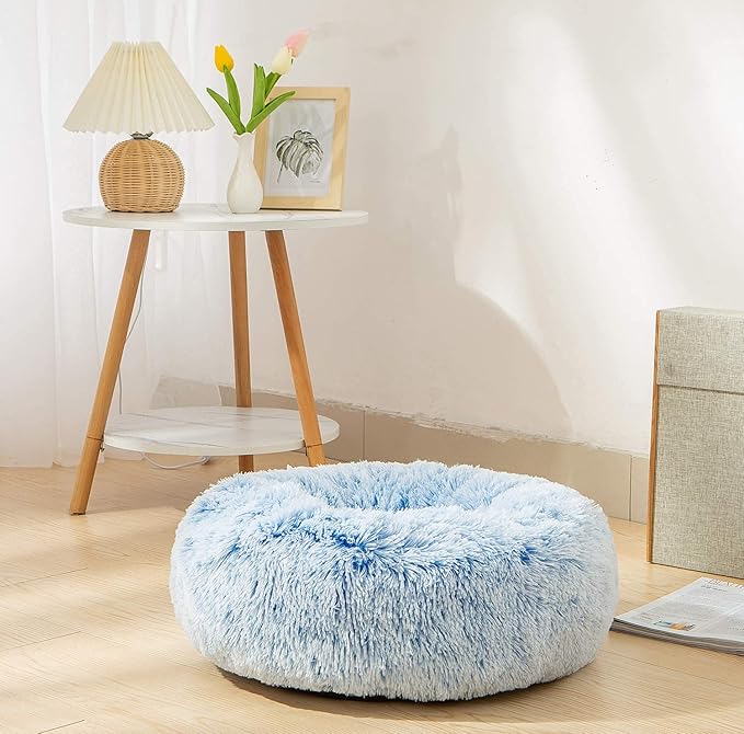 Calming Donut Dog Bed Small, Plush Round Cuddler Dog & Cat Cushion Bed, Anit-Anxiety Marshmellow Fluffy Faux Fur, Self-Warming Comfy Cozy Pet Bed (20", Light Blue)