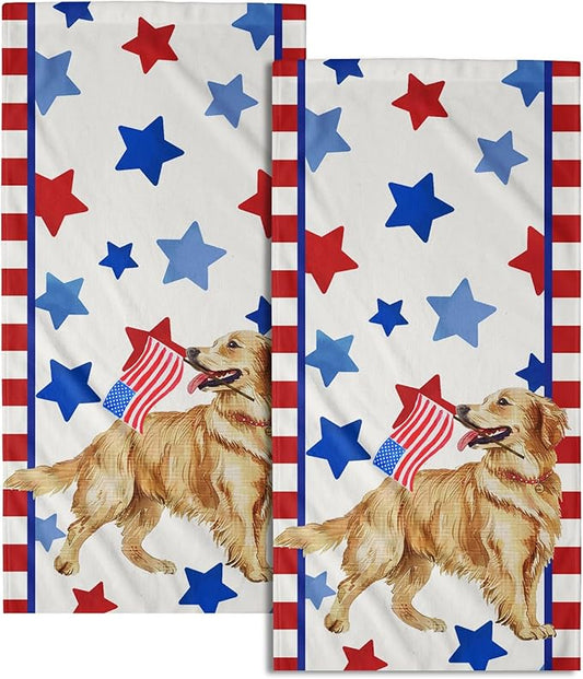 Giwawa Patriotic Dog Wood Hand Towels Set of 2 American Flag Kitchen Dish Towel 4th of July Absorbent Bath Face Towels for Home Hotel Bathroom