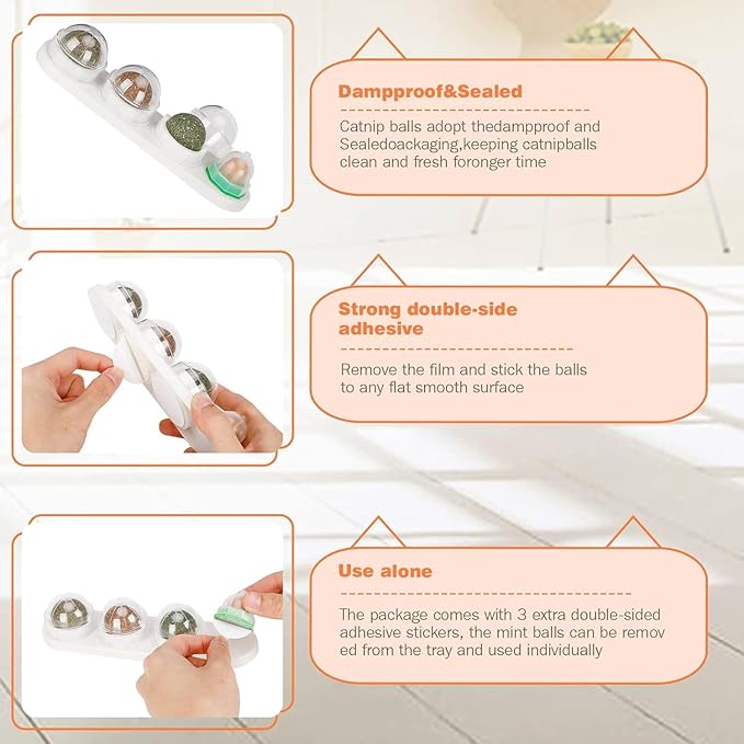 Catnip Ball for Cats Wall, 4 Pack Catnip Toys, Silvervine Balls, Edible Kitty Toys for Cats Lick, Safe Healthy Kitten Chew Toys, Teeth Cleaning Dental Cat Toys, Cat Wall Treats (White)