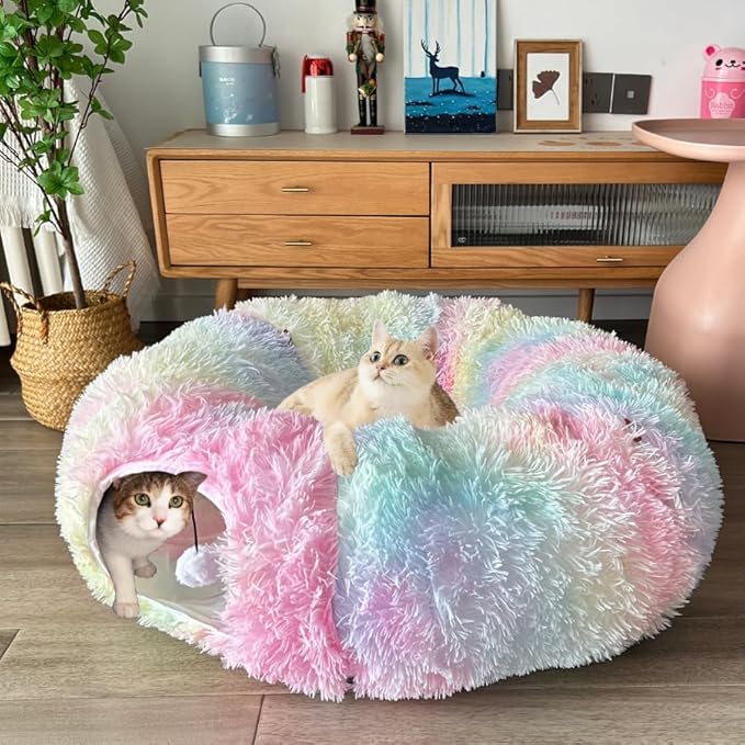 Cat Tunnel Bed, Tunnels for Indoor Cats Soft Warm Colorful Plush, Collapsible Interactive Tube Toys, Maze House with Peek Holes Dangling Ball for Rabbit, Kitten, Kitty, Puppy