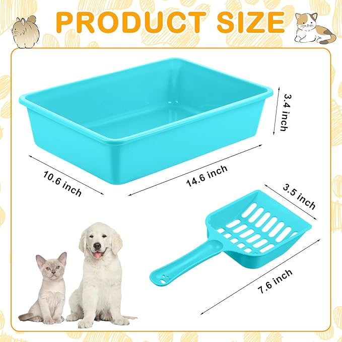 Amyhill 10 Pcs Open Cat Litter Box Kitten Litter Pan with 10 Scooper Medium Plastic Litter Tray Durable Nonstick Litter Box for Indoor Pets Cats Rabbit Supply Easy to Clean,14.6x10.6x3.4 Inch, 5 Color