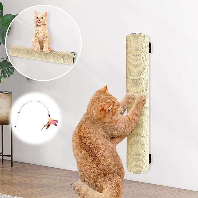 Wall Mounted Scratching Post for Cats 16 Inches Sisal Rope Cat Wall Scratcher Posts Wall Mount Cat Furniture for Indoor Kittty to Scratch and Climbing with Feather Toys