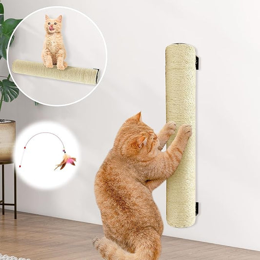 Wall Mounted Scratching Post for Cats 16 Inches Sisal Rope Cat Wall Scratcher Posts Wall Mount Cat Furniture for Indoor Kittty to Scratch and Climbing with Feather Toys