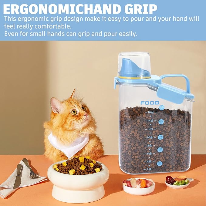 Dog Food Storage Container 3-5lbs, Dog Food Container with Airtight Pour Spout, Cat Food Storage Container with Measuring Cups, Portable Pet Food Storage Container for Dogs, Cats, Birds（Blue）