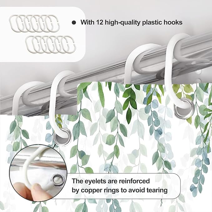 AWERT Plant Shower Curtain for Bathroom Sage Green Eucalyptus Waterproof Quick-Drying Green Leaves Shower Curtain Set with Hooks 72x78 Inch