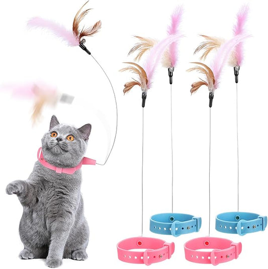 POPETPOP Cat Collar Toys-4 Pcs Cat Toy Collars Interactive Cat Toys for Indoor Cat Self Playing Chasing Plaything with Bell Teasing Wand for Kittens Small Animals