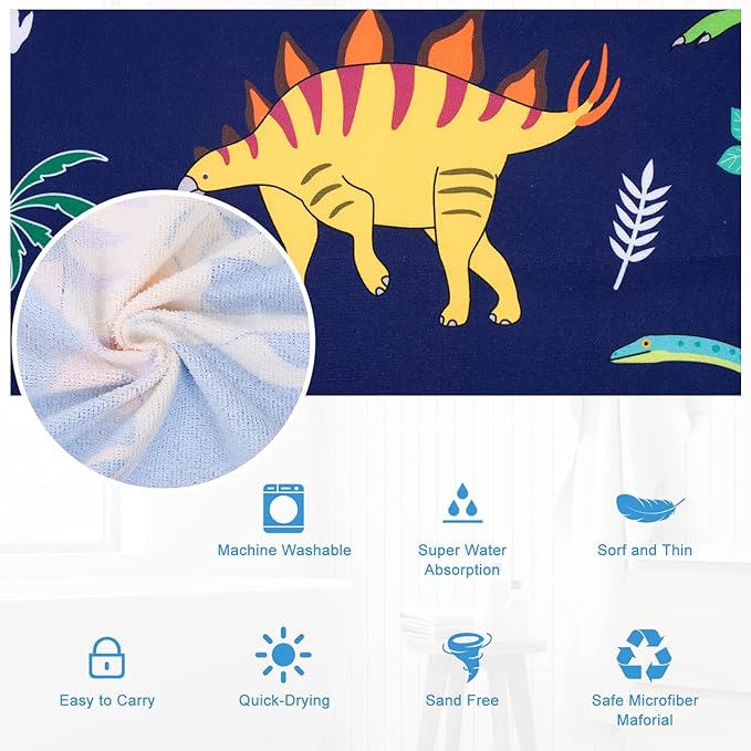 LIVILAN Small Dinosaur Beach Towel for Kids, Soft Microfiber 24" X 48", Quick Dry, Sand Free, Perfect for Boys Bath, Pool, Travel, Durable Toddler Towel, Ideal Dinosaur Gift