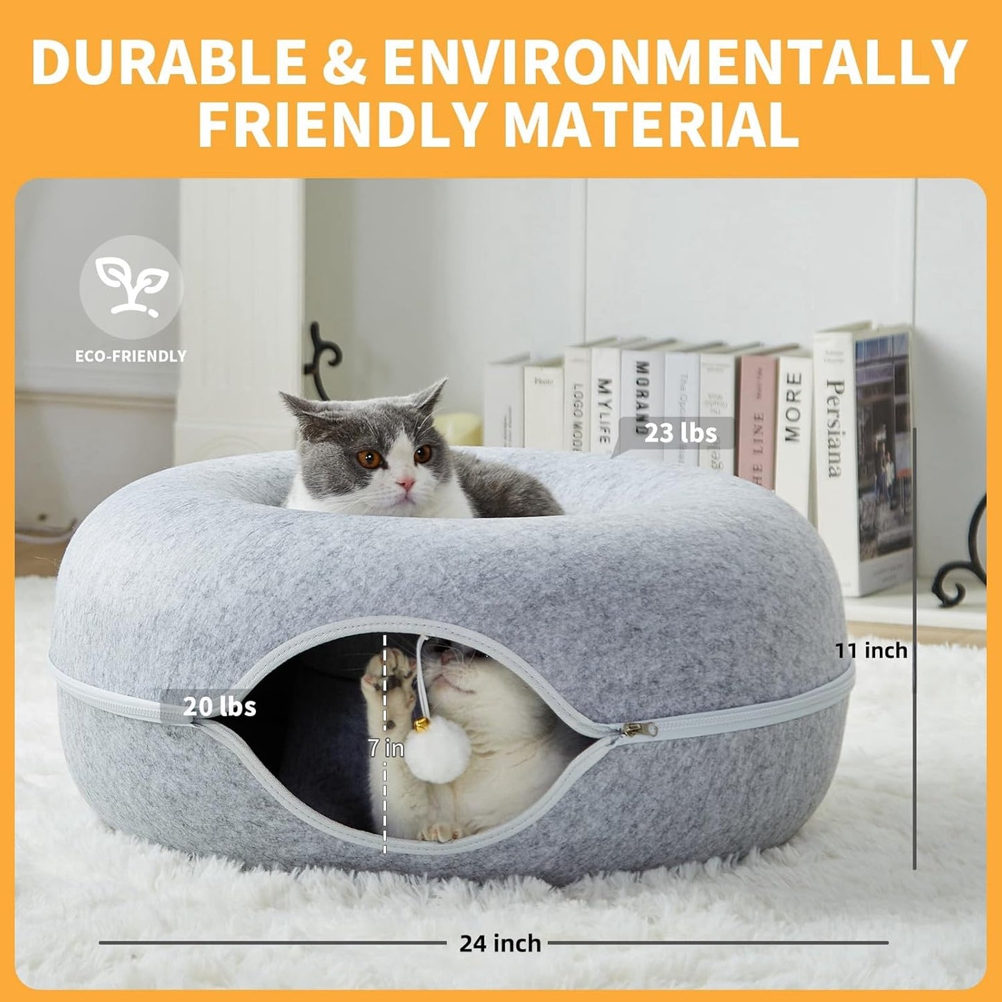 Jia Xi Cat Tunnel and Bed Combo - Donut Cat Condo & Cave, Universal for All Seasons (24 in * 24 in * 11 in), Light Grey
