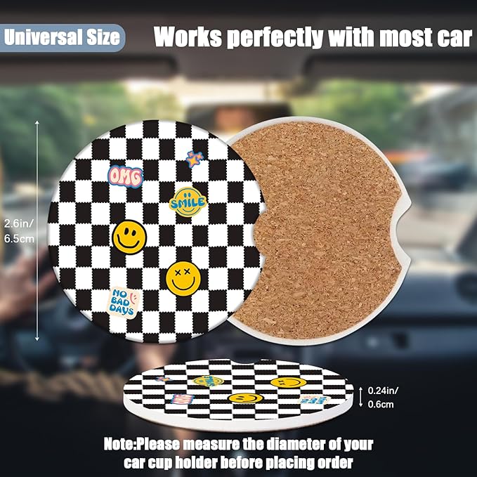 Car Cup Holder Coaster - Black and White Grid Smiley Face Absorbent Ceramic Coaster, Car Coasters for Cup Holders, Auto Accessories for Women & Men, Pack of 2