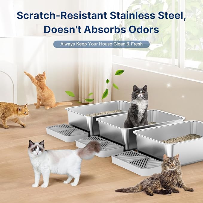 3PK 17.7" x 13.8" x 6" Stainless Steel Litter Box, High Sides Metal Cat Litter Box for Multi-Cats, Easy Clean & Odor Control Kitten Litter Box with Footboard, Bunny Litter Box Litter Pan