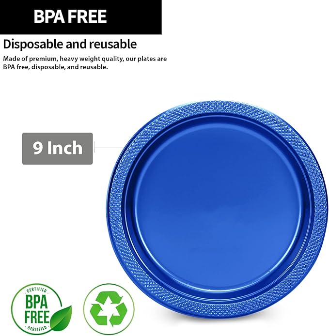 Blue Plastic Plates 9 Inch - 600 count Solid Round Party For Weddings, BBQs, Birthday Disposable Dessert (82290 (case))