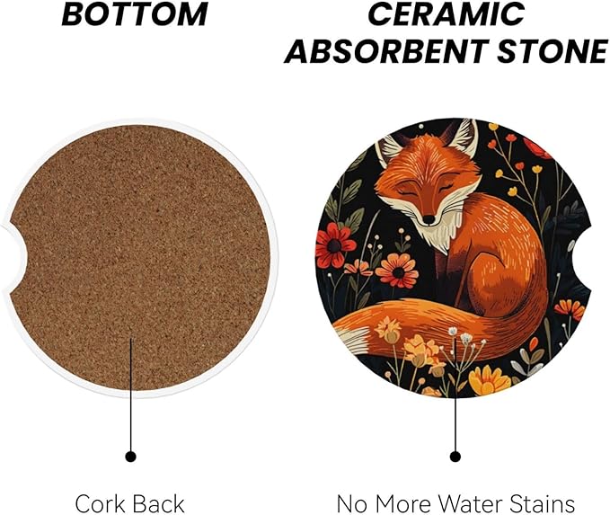 Absorbent Ceramic Car Coasters for Cup Holders, Fox Flower Design 2.56" Anti Slip Universal Drink Cup Coasters for Women Men (2 Pack)