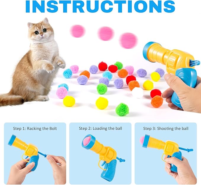 Dorhui Cat Toy Balls with Launchers Set, 30 Pcs Sparkle Pom Pom Balls for Cat,Cat Enrichment Toys,cat Toys for Indoor Cats, Interactive Glitter Pom Pom Balls for Kitty Gifts