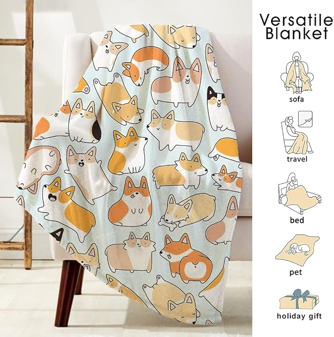 COLLA Cute Dog Pattern Throw Blanket, Soft Plush Fleece Flannel Blanket for Couch, Gift for Corgi Lovers Room Decor 50x40 Inch