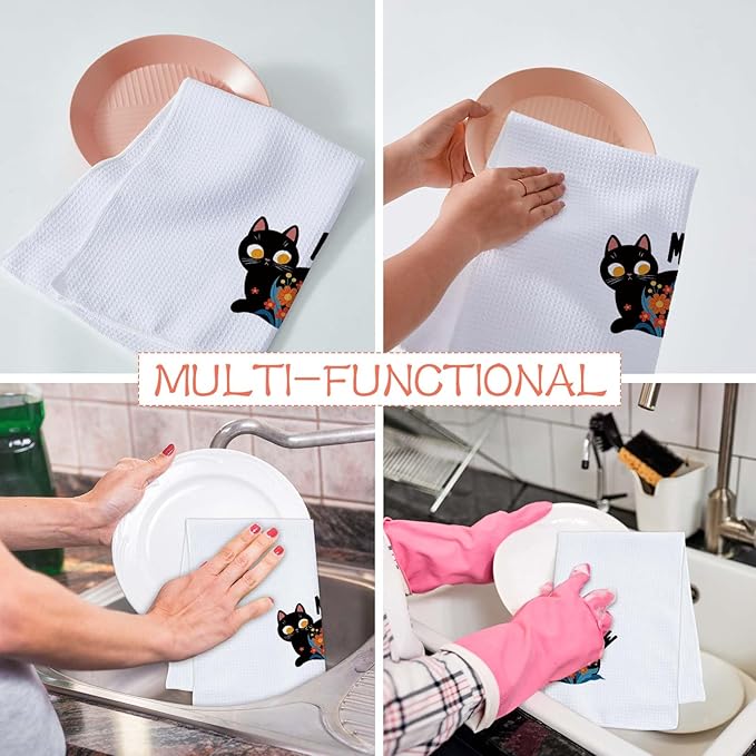 Cute Cat Kitchen Dish Towels Set of 2 Black and White Cat Kitchen Accessories Cat Lover Gifts for Women Cute Boho Towels Decorative Set for Kitchen & Bathroom 16×24 Inch