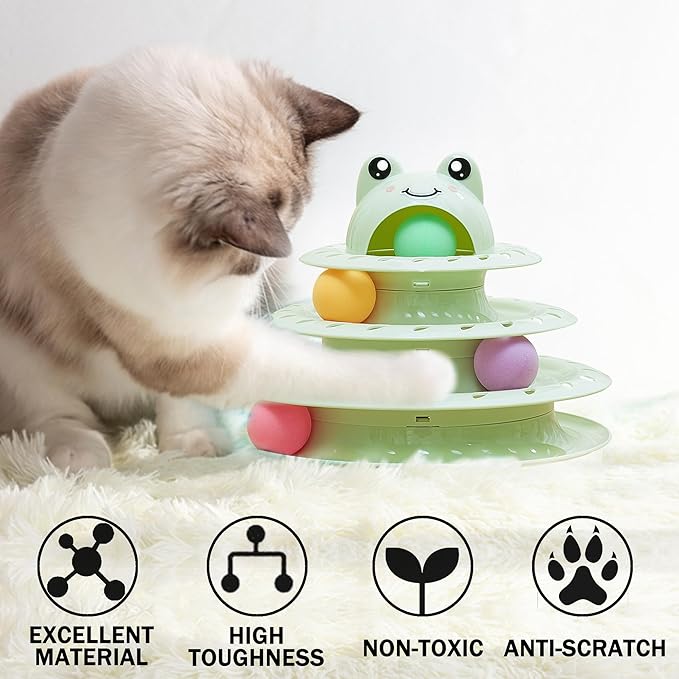 Suhaco Interactive Cat Toys for Indoor Cats Fun Roller 4 Level Cat Tower with Cute Stickers Turntable Kittens Ball Teaser Toy (Green)