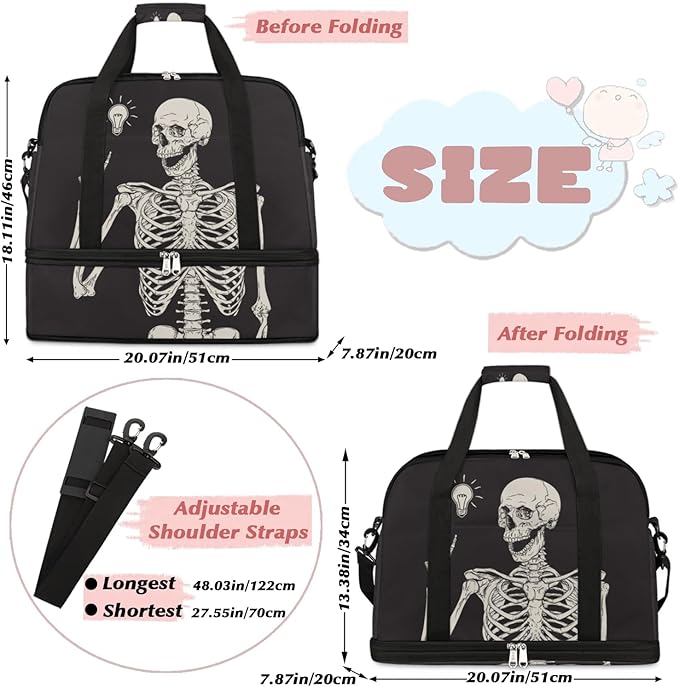 Black Skull Human Skeleton Foldable Travel Duffel Bag Sports Tote Gym Bag With Shoe Compartment For Woman Man Carry On Luggage Overnight Travel Weekend Yoga Workout Bag Training Handbag