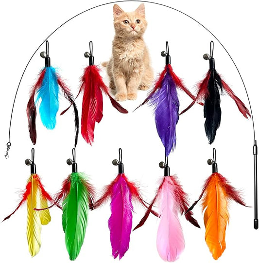 Cat Toys Kitten Toys, Interactive Cat Toy 1pcs Cat Wand Toy & 9pcs Natural Cat Feather Teaser Toys Refills, Cat Fishing Pole Toy for Indoor Cats Gifts, Kitty Toys for Indoor (9Pcs A)