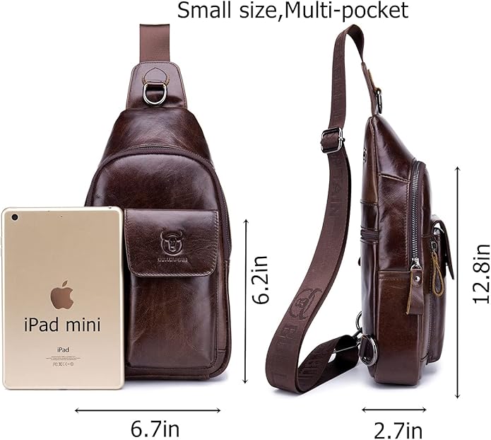 BULLCAPTAIN Mens Genuine Leather Sling Crossbody Bag Travel Casual Multi-pocket Chest Bag Hiking Backpacks