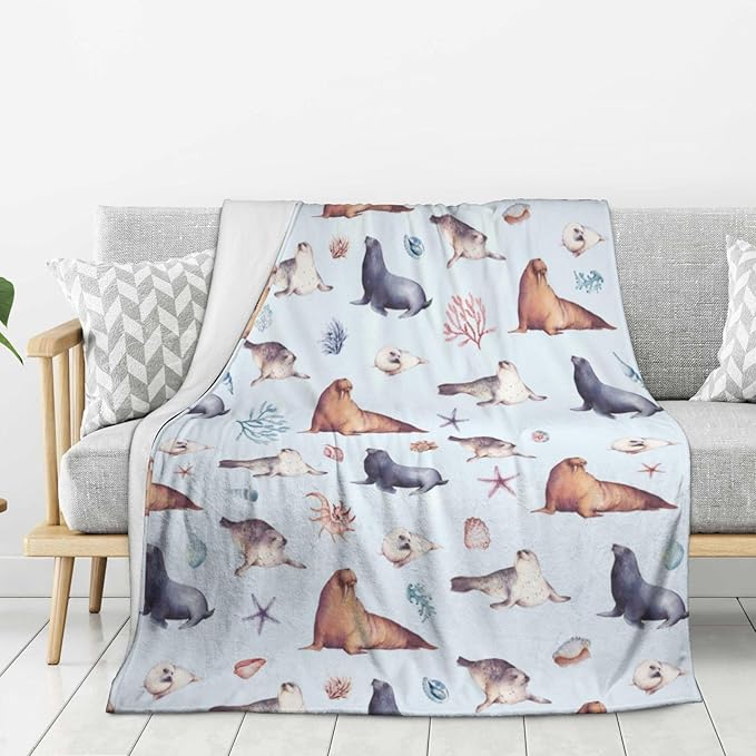 Sea Lion Blanket Throw 60"x50", Plush Flannel Sea Animals Blanket, Soft Warm Decorative for Kids Women