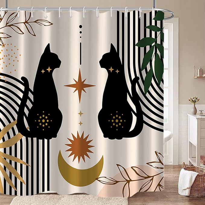 AWERT Boho Mid Century Shower Curtain Cute Cat Shower Curtain for Bathroom with Hooks Minimalist Abstract Waterproof Fabric 72x84inch
