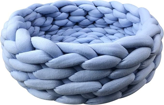 Lucky Monet Cat Basket Bed Cotton Knitted Round Pet Beds for Cats Cute Boho Cat Pet Bed Warm Woven Cat Nest for Puppy Kitten Cats Dogs (15.7", Blue)