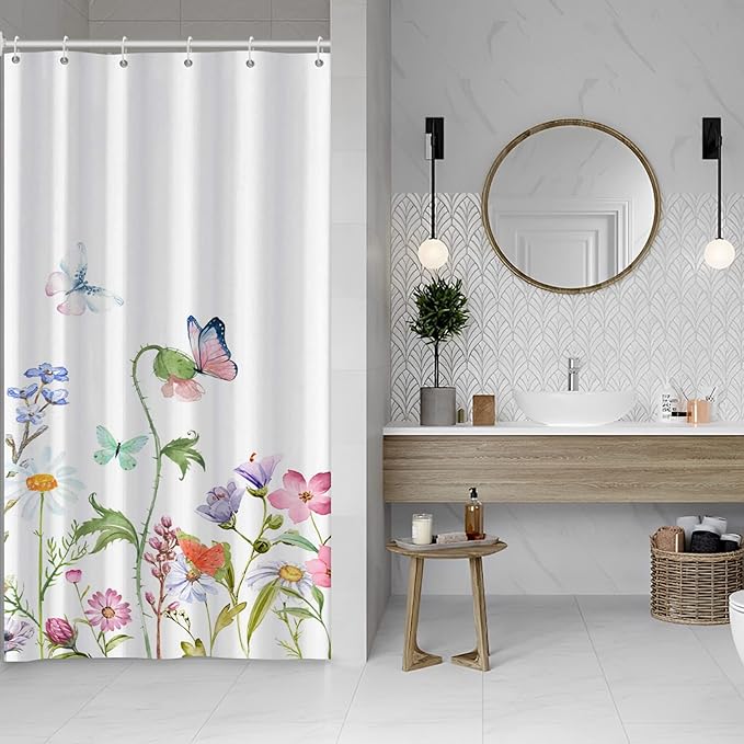 AWERT Small Half Size Stall Shower Curtain with 6 Hooks 36 inch Shower Stall Curtain 36 x 72 Butterfly Wildflowers for Bathroom/RV and Camper (Butterfly)