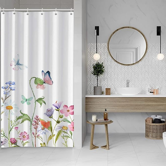 AWERT Small Half Size Stall Shower Curtain with 6 Hooks 36 inch Shower Stall Curtain 36 x 72 Butterfly Wildflowers for Bathroom/RV and Camper (Butterfly)