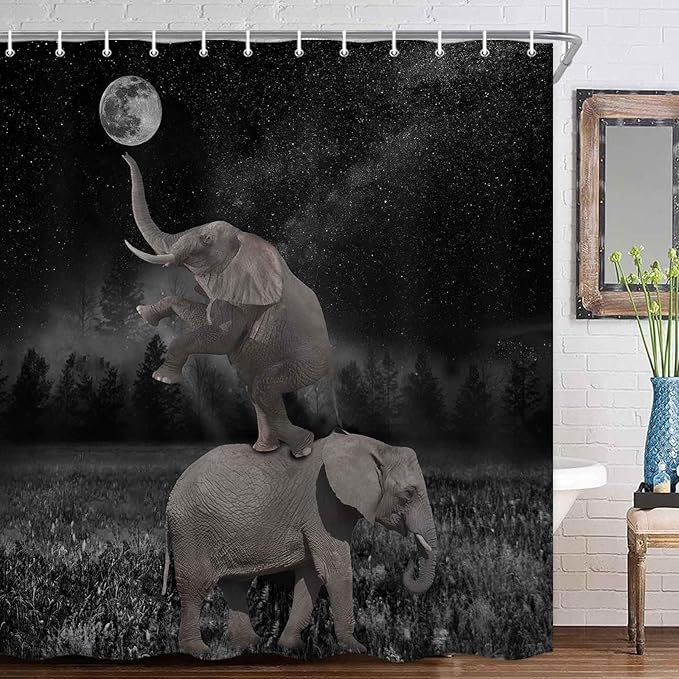 Boziqr Funny Shower Curtains for Bathroom, Cute Elephant Moon Forest Bath Curtain, Rustic Farmhouse Decor Polyester Fabric Fun Cool Animals Black 70 x 84 Inches