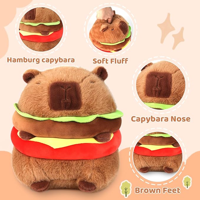 Cute Hamburg Capybara Plush Pillows Soft Capybara Stuffed Animals Capybara Plushie Birthday Christmas Valentine's Day Gift for Kids（11in）, Large