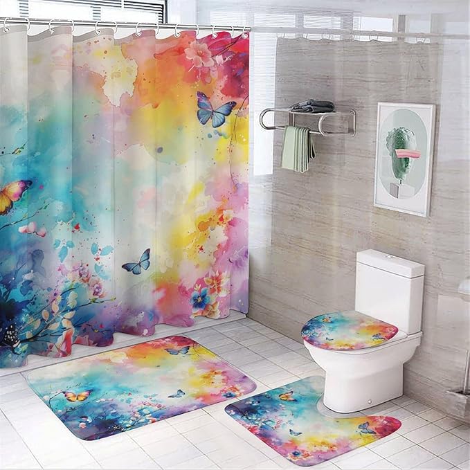 Brebasf Abstract Colorful Wildlife Butterfly Shower Curtain Set Bathroom Set Decorative Vintage Rustic Ink Tie Dye Florals Butterfly 4 Piece Shower Curtain, Toilet Cover, U-Mat, Floor Mat