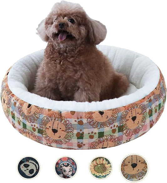 Circular Calming Dog & Cat Bed Anti-Anxiety Plush Dog Bed Washable Pet Bed with Anti Slip Backing Donut Cuddler with Cute Jacquard Patterns for Cat and Small Puppy 30" (Small, Lion)