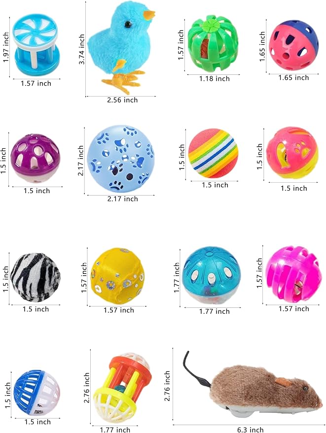 14 Pcs Cat Toys, 1.5" to 6.3", Lightweight, Interactive, Assorted Colors, Cat Toy Balls for Kitten Training and Play, for All Breed Sizes