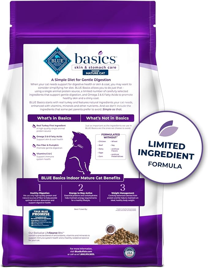 Blue Buffalo Basics Grain-Free Dry Cat Food, Skin & Stomach Care, Limited Ingredient Diet for Mature Indoor Cats, Turkey & Potato Recipe, 5-lb. Bag