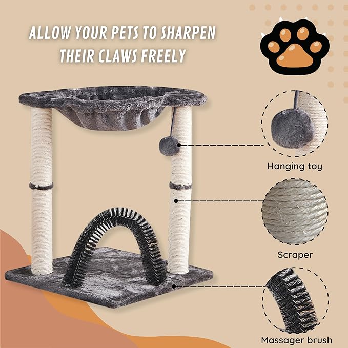 POLIPETS 19” Tall Cat Tower with Hammock,Sisal Scratching Posts and Pets Self Groomer Massager, Soft Hanging Basket Perch Hammock,Indoors Cat Furniture 16x15”, Gray
