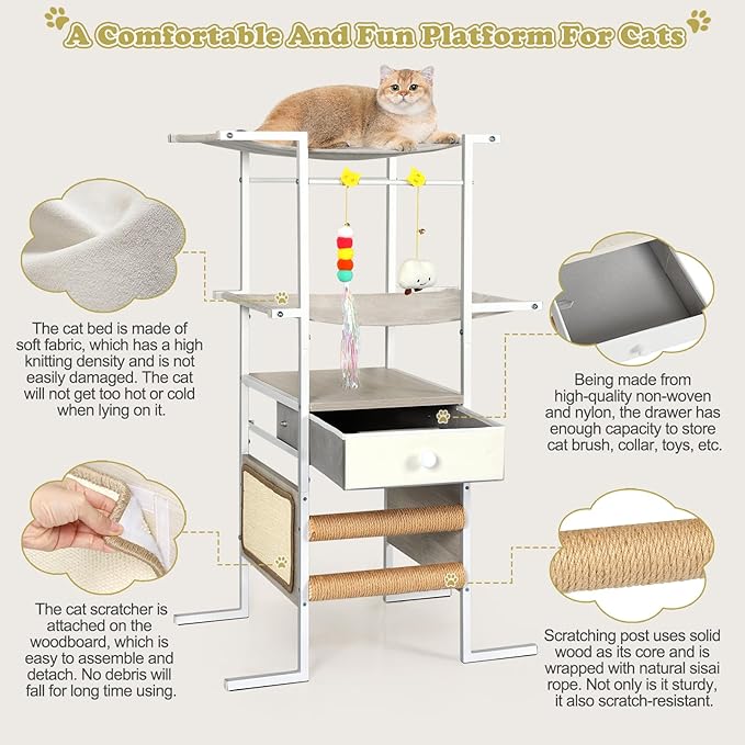 Modern Cat Tree with Sisal Scratching Post,Cat Scratcher,Cat Tower with Cat Hammock Bed Perch,Toys,Storage Drawer,Small Cat Tower Tree Stand,Cute Cat Condo for Kittens Medium Cats