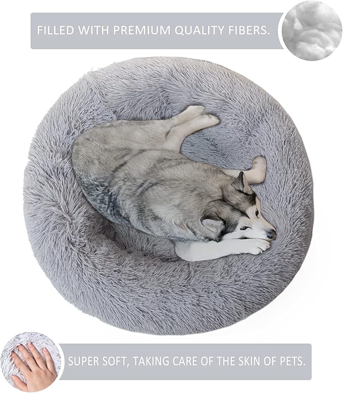 Large Dog Bed, Calming Donut Round Cat Bed for Medium Pet, Comfy Luxury Cuddler Anti Anxiety Plush Furry Cusion Mat(Grey 31.5")
