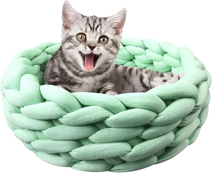 Lucky Monet Cat Basket Bed Cotton Knitted Round Pet Beds for Cats Cute Boho Cat Pet Bed Warm Woven Cat Nest for Puppy Kitten Cats Dogs (15.7", Mint Green)