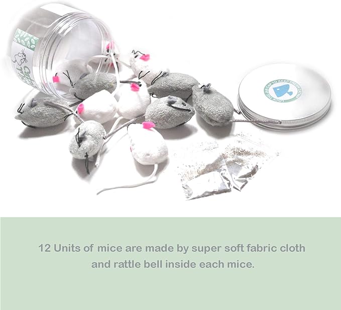 Catnip Mice for Cat Toys with Rattle Bell Mouse Kitty Toys (White & Grey)