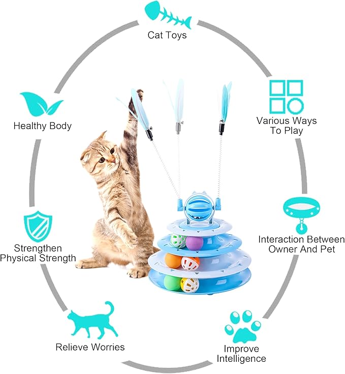 2 in 1 Cat Interactive Toy Roller 3-Level Turntable Cat Toy Cat Slow Feeder Food Dispenser Cat Kitten Wand (Blue-C)