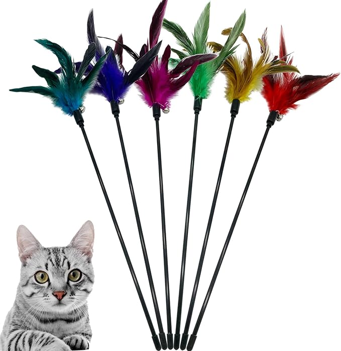 Cat Wand Toy Feather Stick Cat Toys, 6 PCS Cat Feathers Wand Toy, Interactive Cat Toy Feather Wand for Indoor Cats