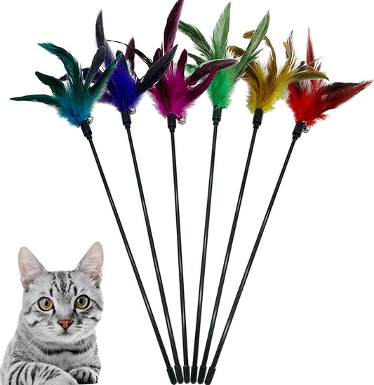Cat Wand Toy Feather Stick Cat Toys, 6 PCS Cat Feathers Wand Toy, Interactive Cat Toy Feather Wand for Indoor Cats