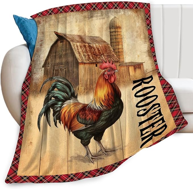 Farmhouse Rooster Blanket Chicken Farm Country Barn Print Throw Blankets for Couch Sofa Bed Stuff Decor Soft Cozy Fleece Plush Warm Flannel Bedding Gifts for Baby Girls Boys Kids Adults 60"x80"