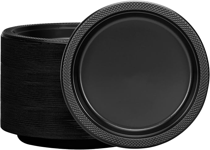Black Plastic Plates 9 Inch - 50 count - Plastic Solid Round Party Plates For Weddings, BBQs, Birthday Plates - Disposable Black Plates - Plastic Dessert Plates