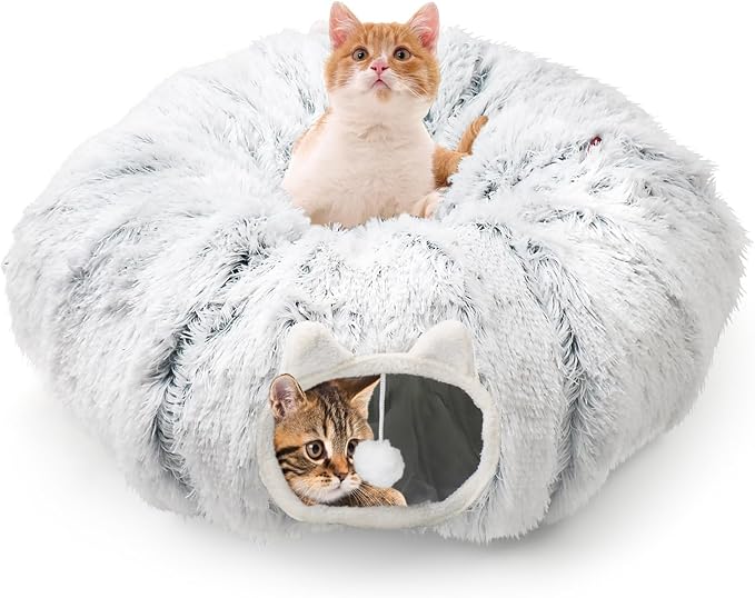 Cat Tunnel Bed for Indoor Cats, Soft Cute Cat Donut Tunnel with Washable Circle Cushion, Under Christmas Tree Plush Peekaboo Cat Cave, Round Pet Play Tunnel Toy for Kitten/Rabbit/Puppy