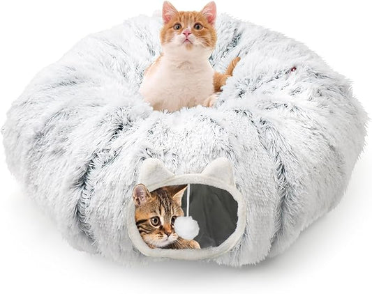 Cat Tunnel Bed for Indoor Cats, Soft Cute Cat Donut Tunnel with Washable Circle Cushion, Under Christmas Tree Plush Peekaboo Cat Cave, Round Pet Play Tunnel Toy for Kitten/Rabbit/Puppy
